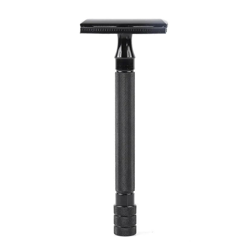 Traditional manual pogonotomy scraper and brush set for wet shaving in black or silver metal finish.