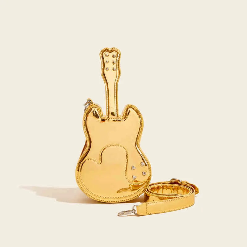 Guitar-shaped black crossbody shoulder bag made from PU leather