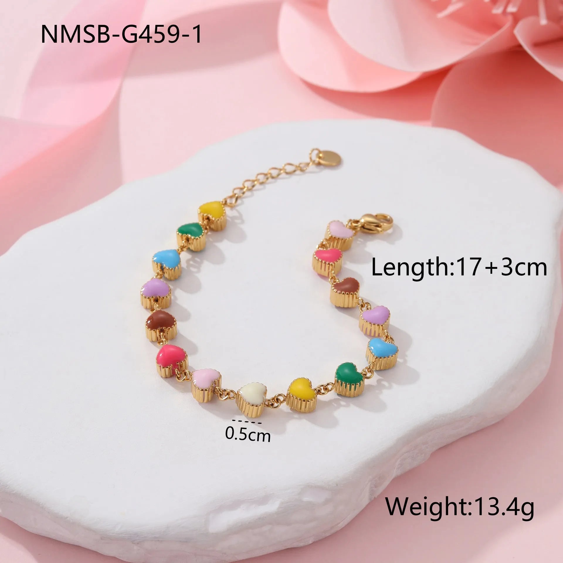Love heart-shaped stainless steel bracelet with colourful oil titanium electroplated finish in gold colour