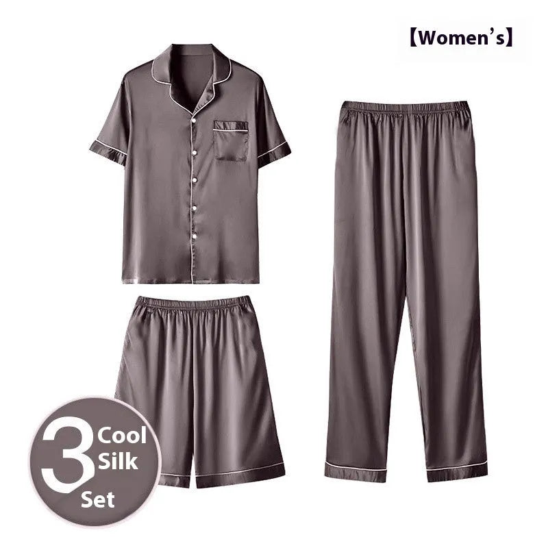 Men's ice silk three-piece homewear set showing long trousers, shorts, and top in thin lightweight fabric
