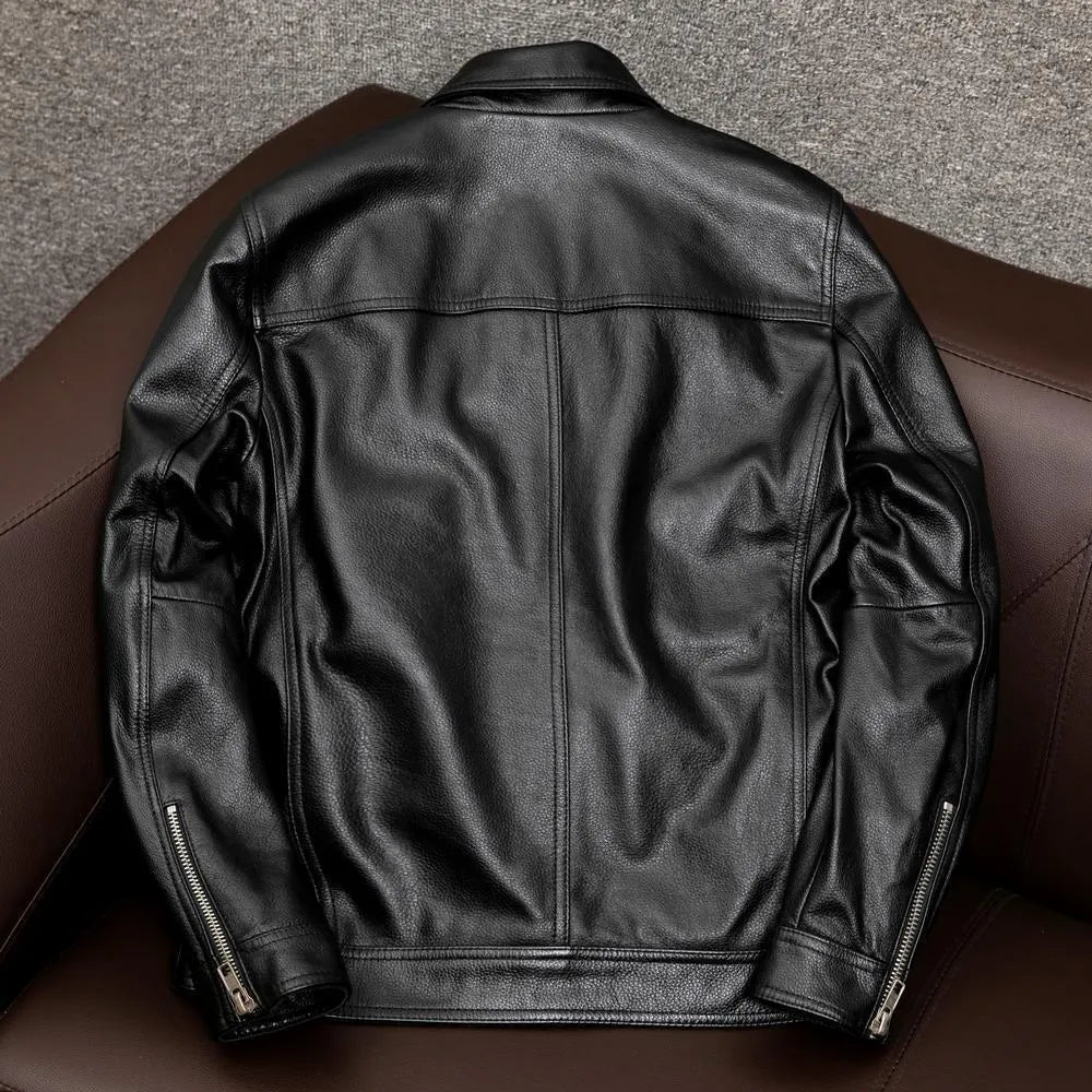 Men's black lapel short leather jacket with side pockets in loose fit design