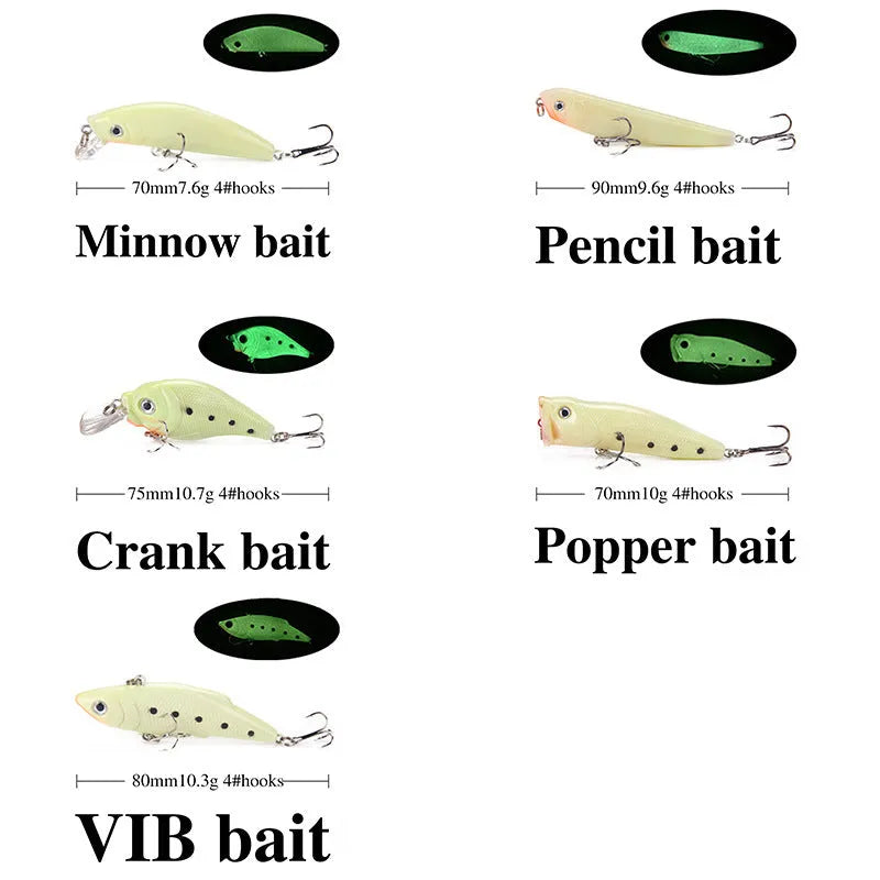 Set of five 3D fluorescent simulation hard bait fishing lures with luminous features