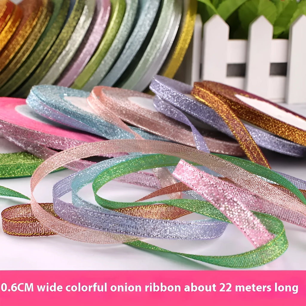 Roll of narrow 0.6cm wide polyester satin ribbon in a choice of colours, showing 22 metre length.