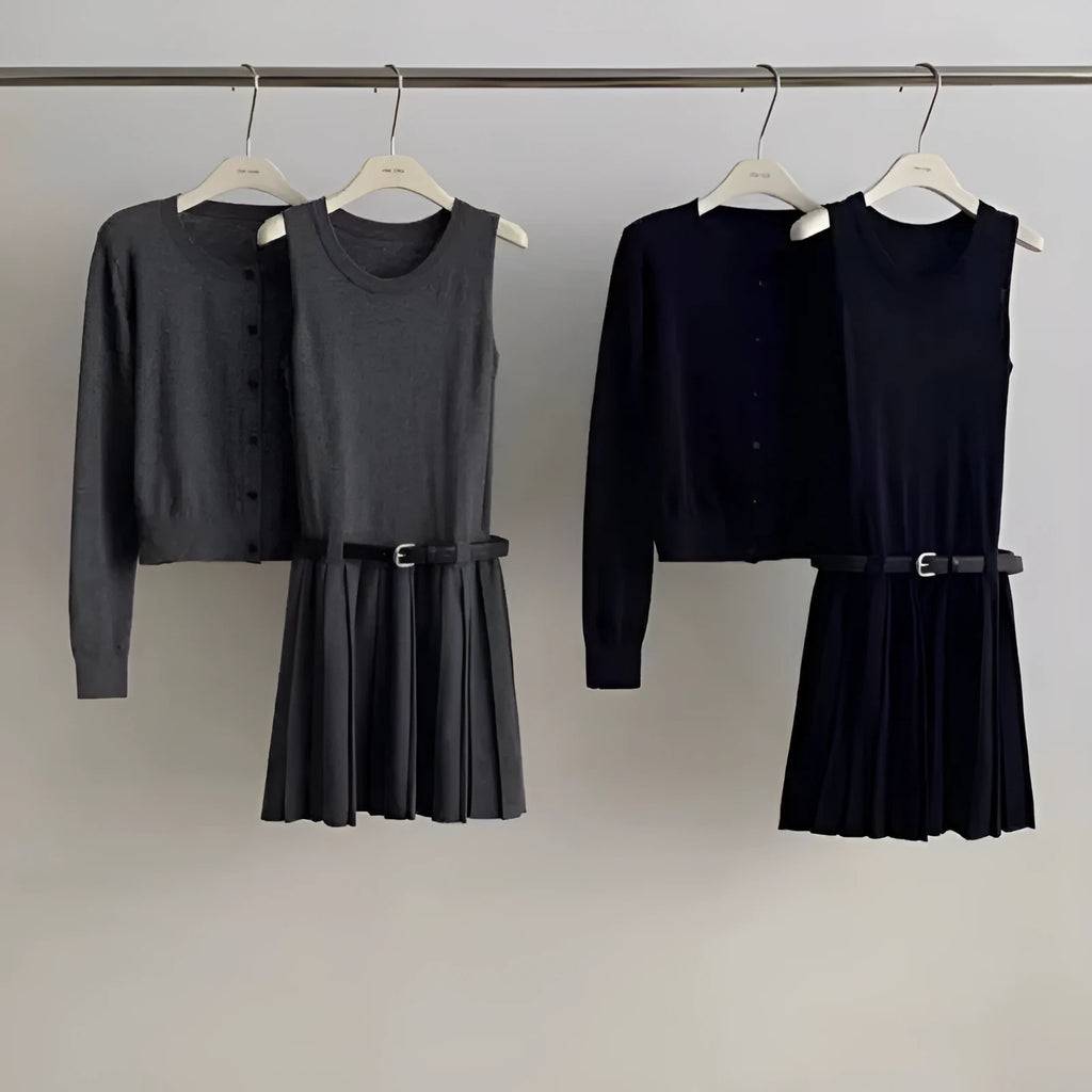 Women's grey Art Retro knitted vest skirt and long-sleeved cardigan set with pleating detail