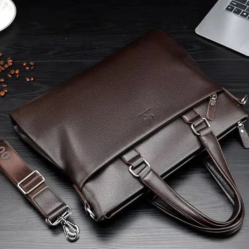 Men's black PU leather messenger bag with splicing design, 35cm wide business shoulder bag