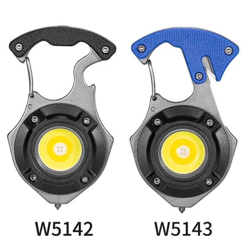 Portable multifunctional keychain rechargeable flashlight with window-breaking hammer and screwdriver tools.