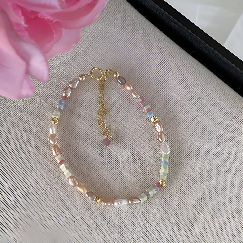 Women's purple pearl bracelet and necklace set with 14K gilded silver settings