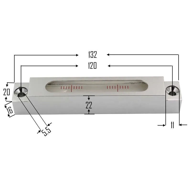 Mini strip spirit level made of metal and glass measuring 132mm for machine tool decoration