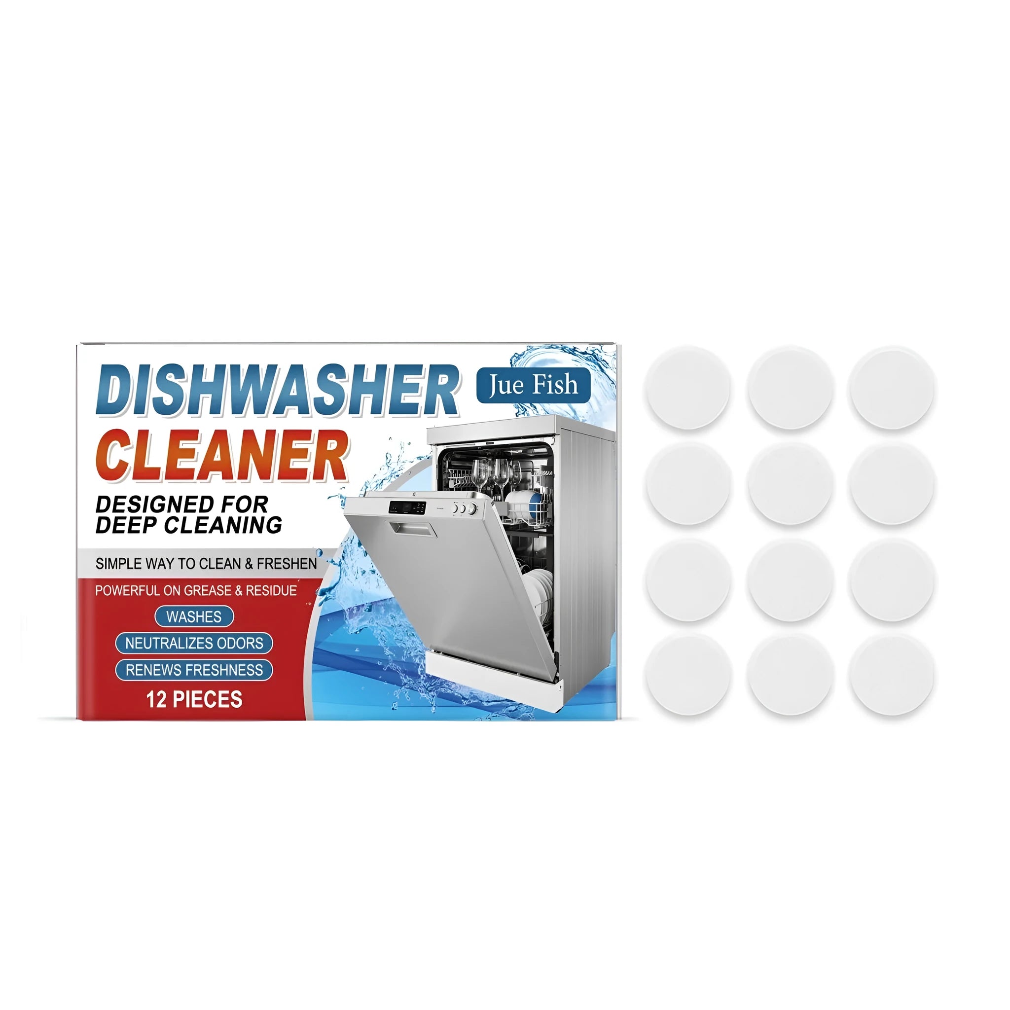 A pack of 12 dishwasher cleaning tablets for removing limescale and grease.