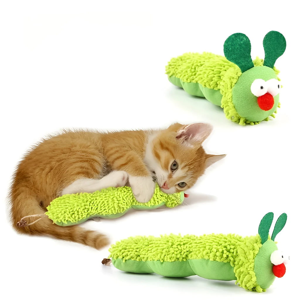 Green interactive plush cat toy pillow with rechargeable electronic motion sensor