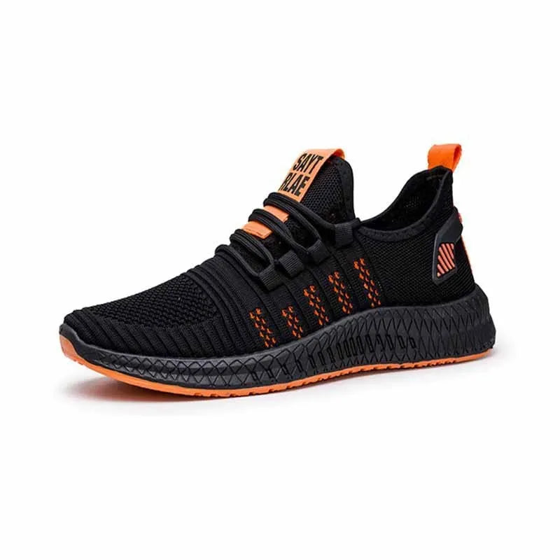 Men's low-top casual sports shoes with Flying Weave upper, cross straps on striped pattern, and flat sole.
