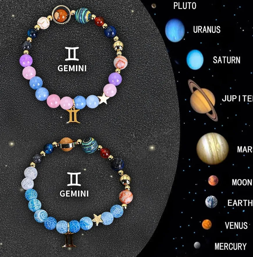 Natural stone beaded bracelets for the twelve zodiac signs laid out in a set.