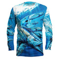 Men's grey round neck long sleeve pullover with a large colourful fish graphic print on the front.