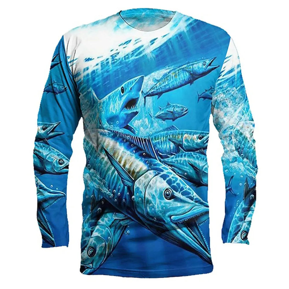 Men's grey round neck long sleeve pullover with a large colourful fish graphic print on the front.
