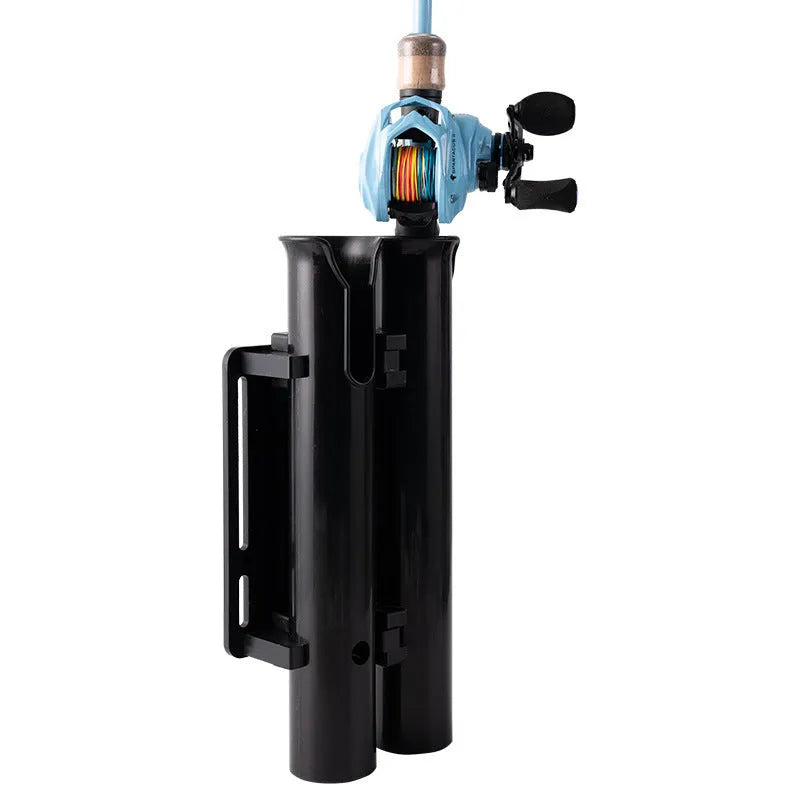 Plastic double-layer fishing rod rack clamped onto a bicycle frame tube