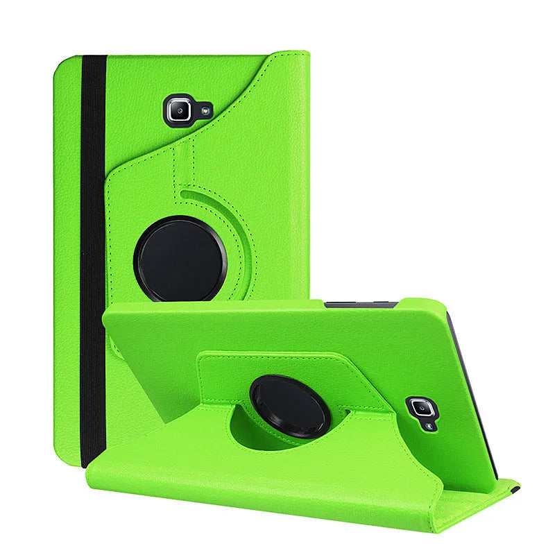 Rotating leather tablet case in clamshell design for iPad 1, shown in multiple colour options.