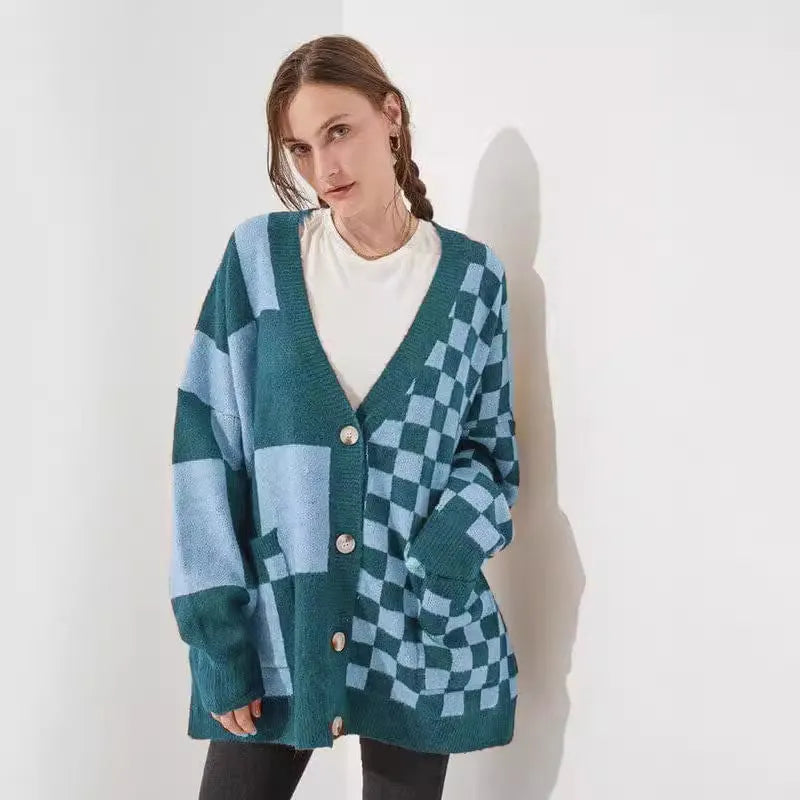 Loose fit printed checks cardigan knitwear in multiple colour options showing front view