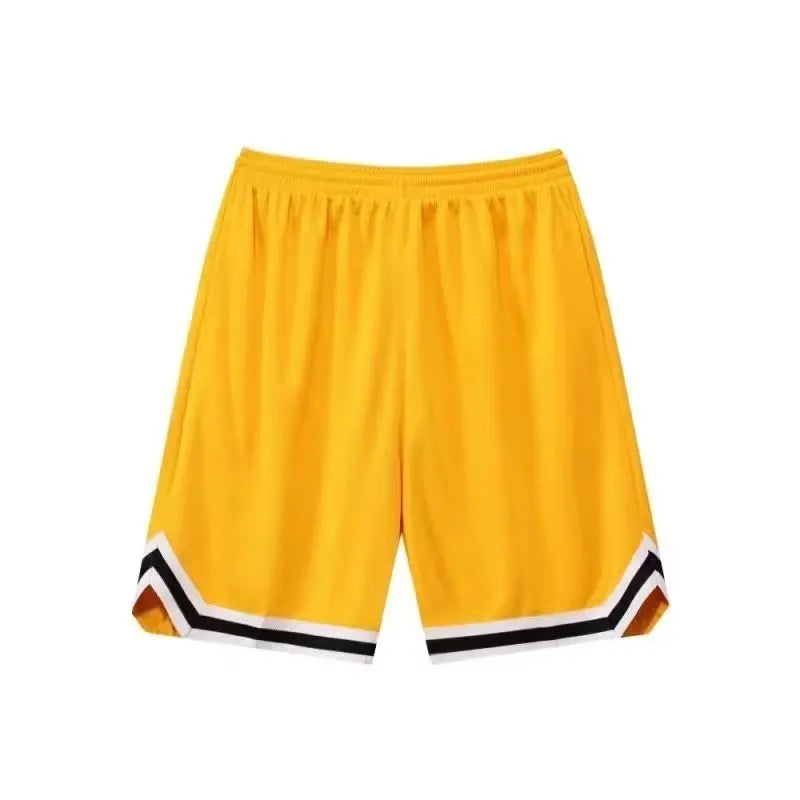 Men's loose sport shorts in polyester fabric available in nine colours including black, white, apricot, and blue shades