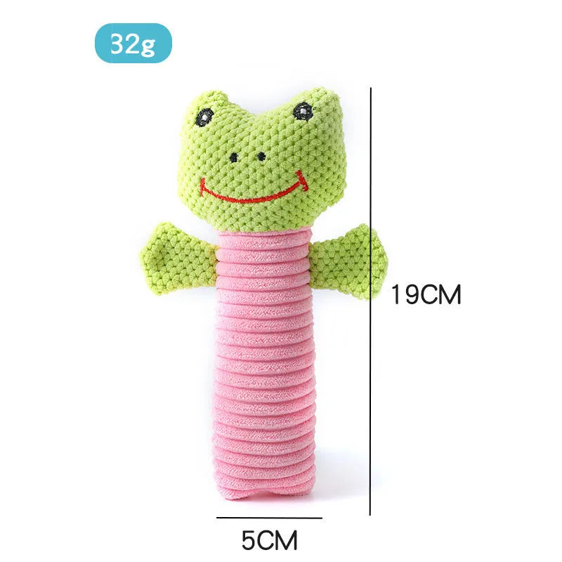 Squeaky plush dog chew toy in animal shape for dental cleaning, 19cm long