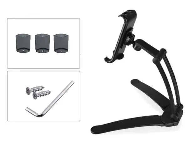 Silver aluminium alloy desktop tablet stand holding a tablet, showing 360-degree rotation adjustment.