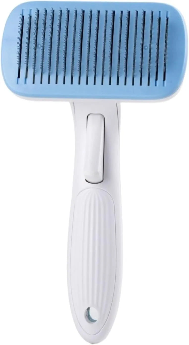 Automatic pet hair removal comb for dogs and cats in blue, grey, green or pink.