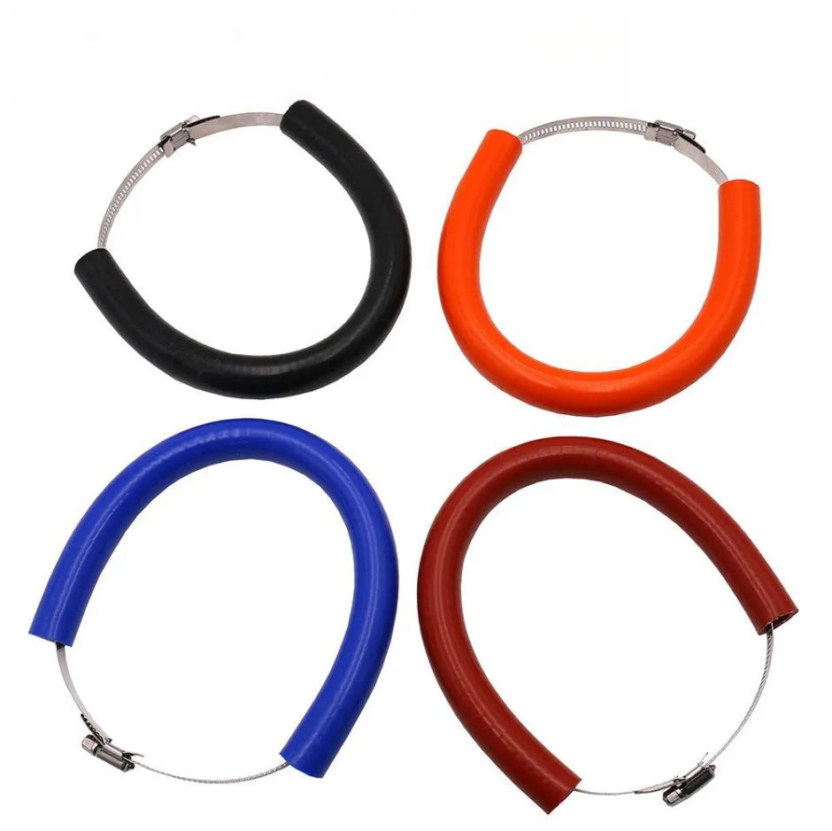 Universal motorcycle exhaust pipe anti-drop wring gasket shown in black, blue, and orange colour options.