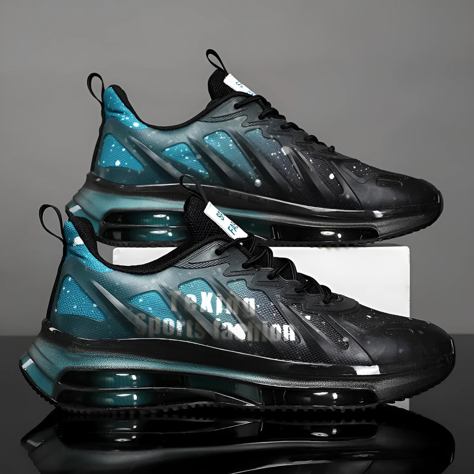 Men's black and green mesh platform casual sneakers with a raised heel and lace-up front