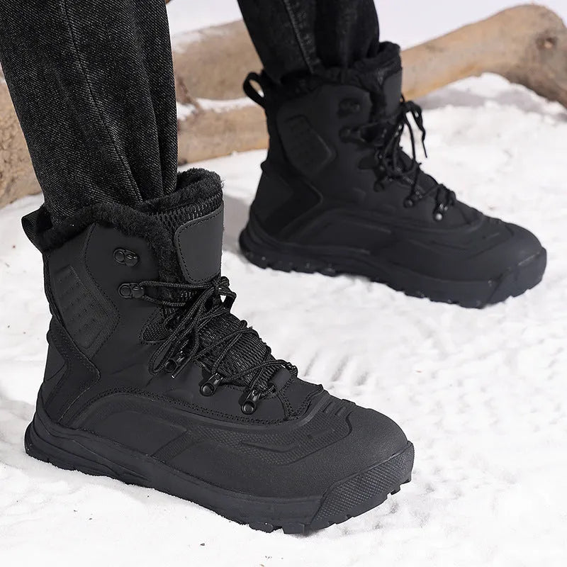 Men's black high-top winter boots with fleece lining and lace-up front on a flat sole.