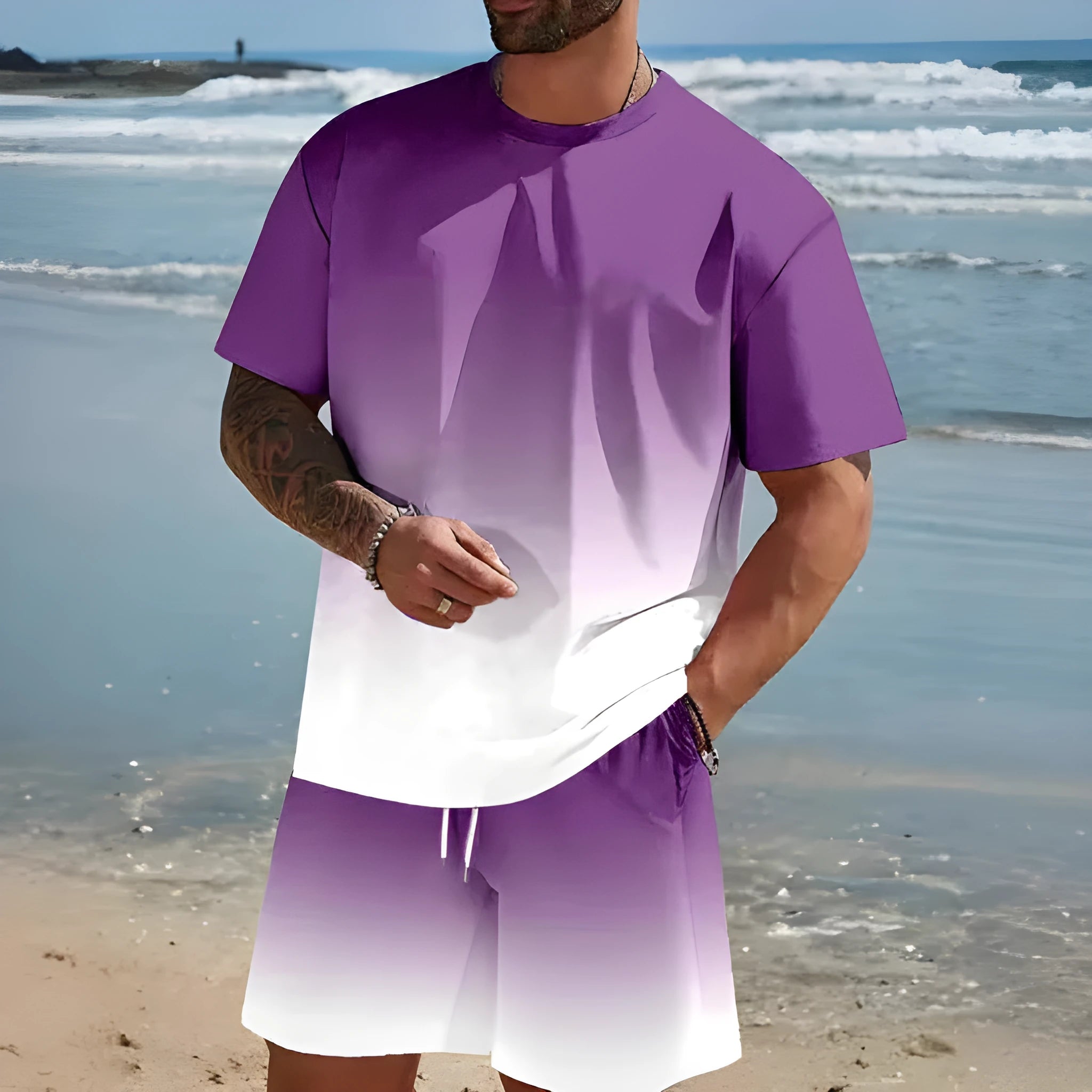 Men's loose-fit summer lounge suit set showing short-sleeved t-shirt and matching shorts in polyester fabric