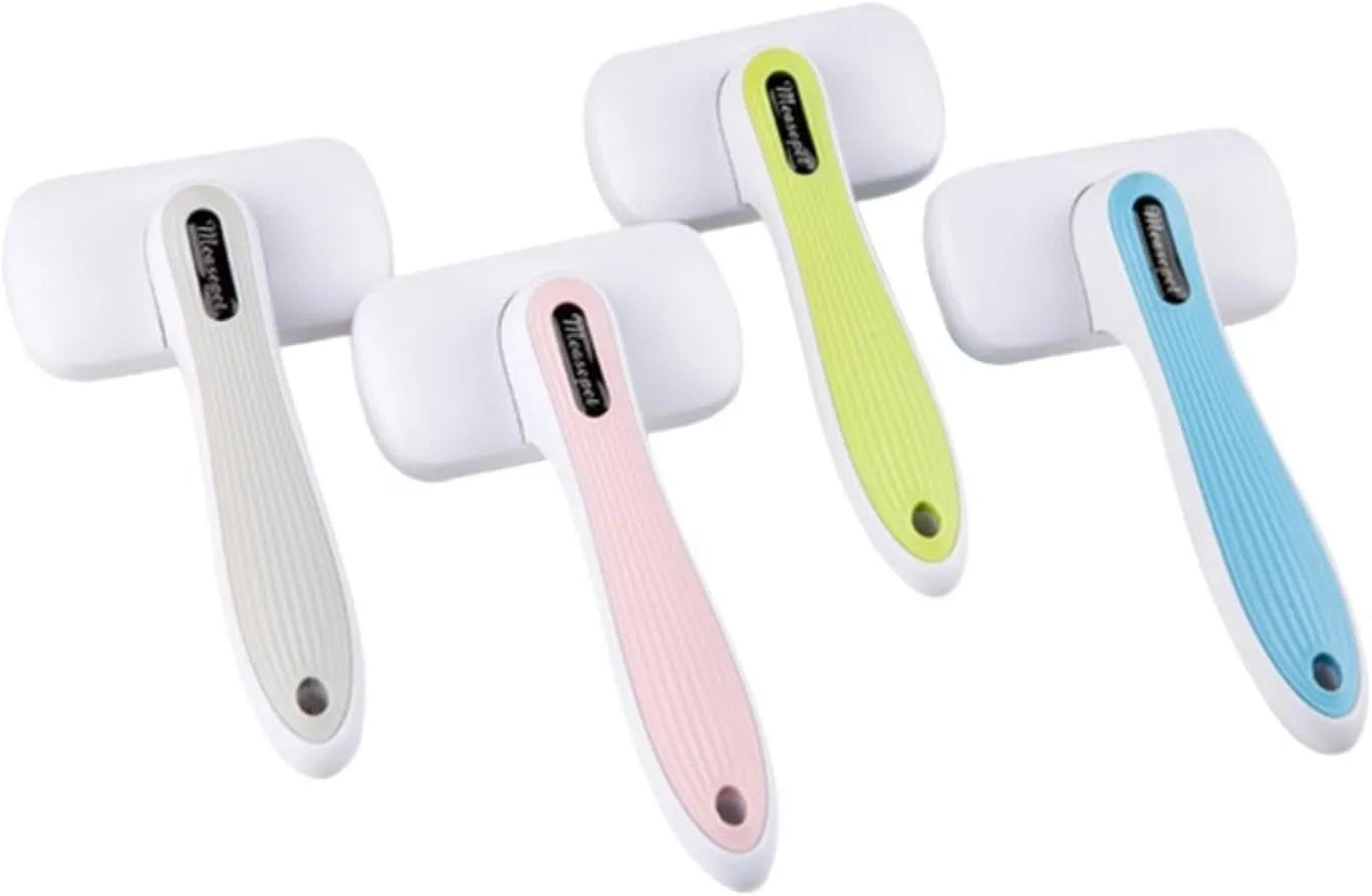 Automatic pet hair removal comb for dogs and cats in blue, grey, green or pink.