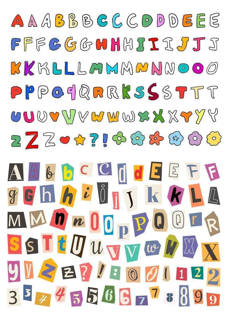 Set of cute printed English letter and weekly word stickers for labelling and crafts.