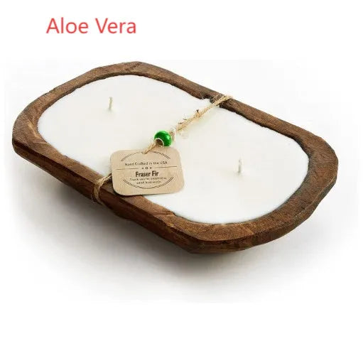 Retro wooden basin container with a triple-wick soy aromatherapy candle in lavender scent