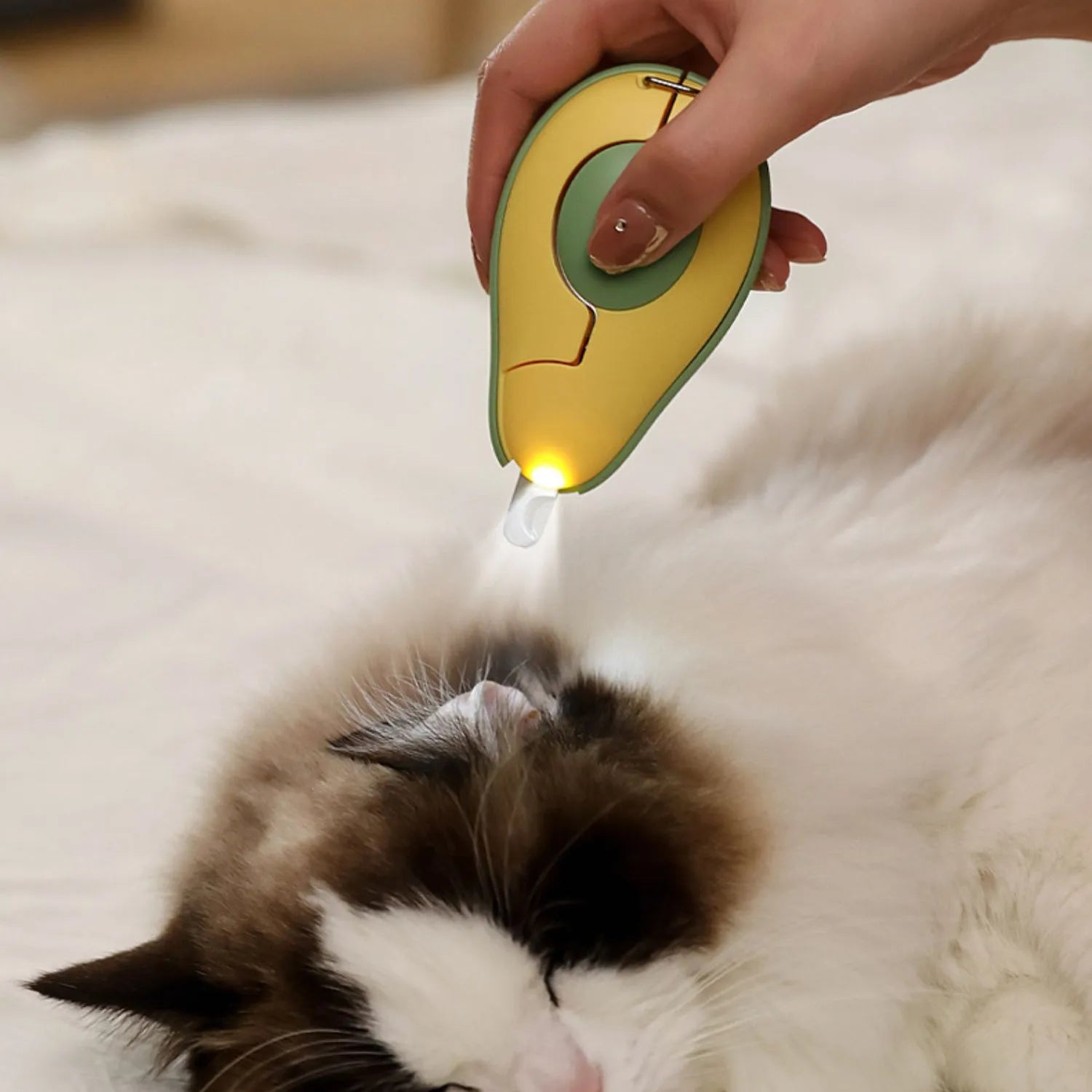 Green pet nail clipper with LED light on, showing scissor design and anti-slip handle for small dogs and cats.
