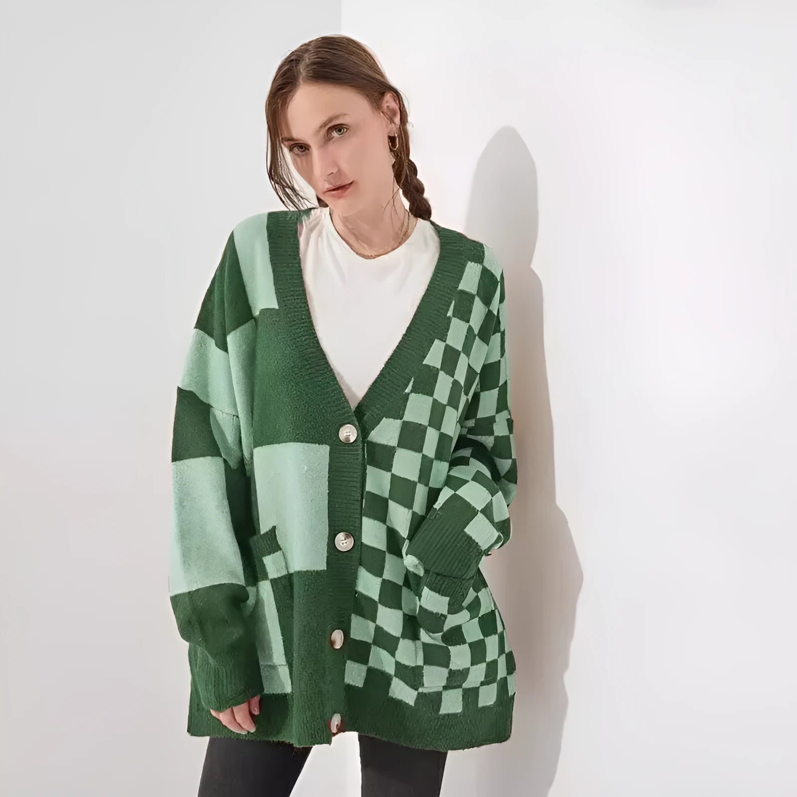 Loose fit printed checks cardigan knitwear in multiple colour options showing front view