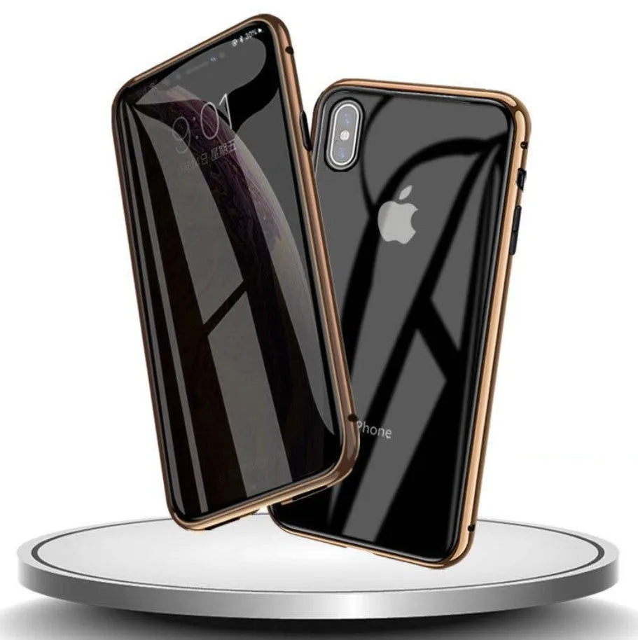 A glass clamshell anti-spy privacy case for iPhone, shown in a solid colour with a geometric design.