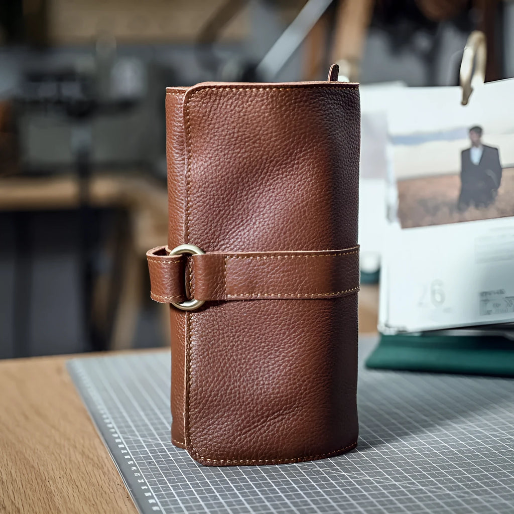 Handmade cow leather vintage bifold wallet in black or dark brown with tape extraction closure