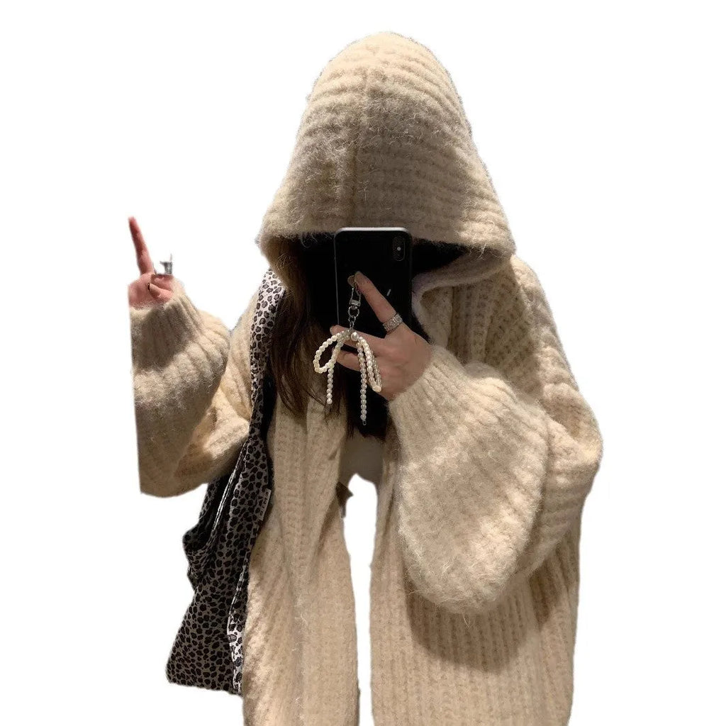 Women's retro Maillard patterned hooded cardigan in thick acrylic fabric, loose fit.