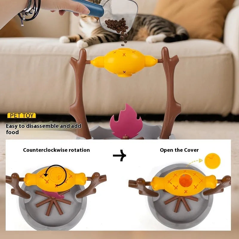 Barbecue-style tumbling cat treat feeder with dimensions 30x30x29cm