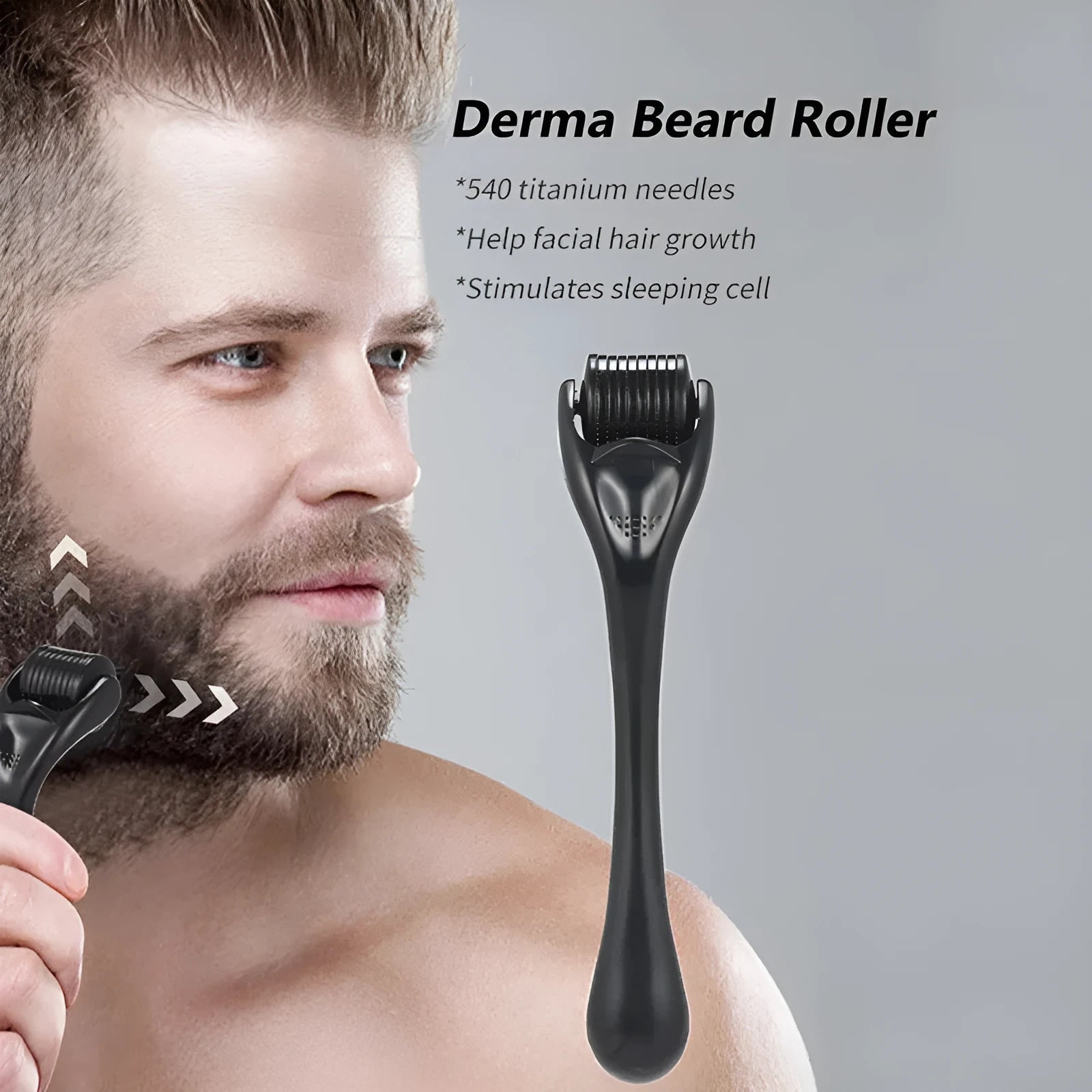 Derma roller with 540 titanium microneedles showing black and purple handle options