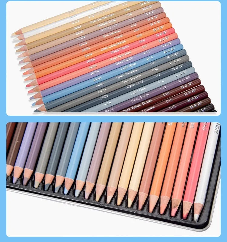 24-colour skin tone pencil set in iron tin with brush pot for portrait drawing
