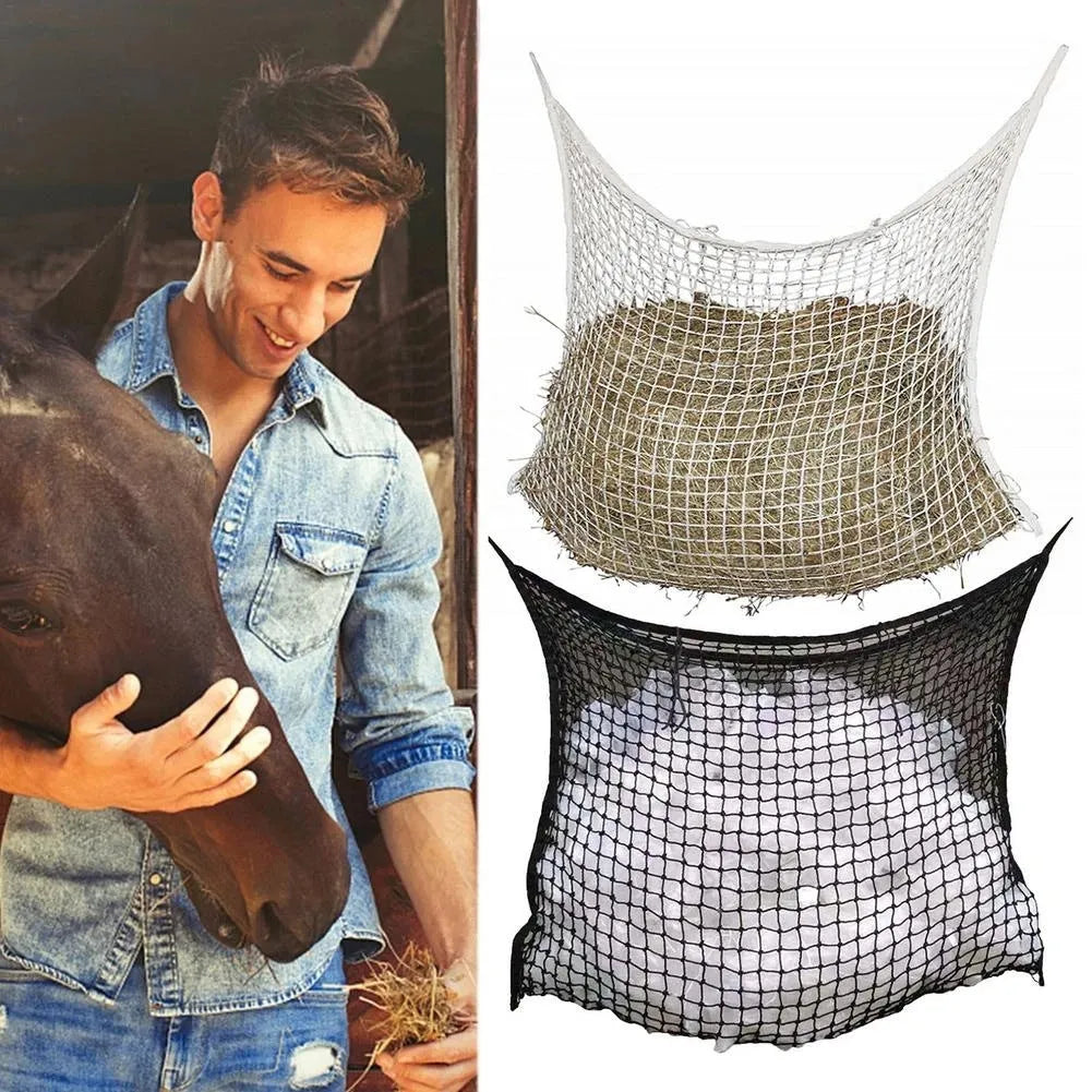 Woven PE rope grid design horse feeding bag in black or white colours