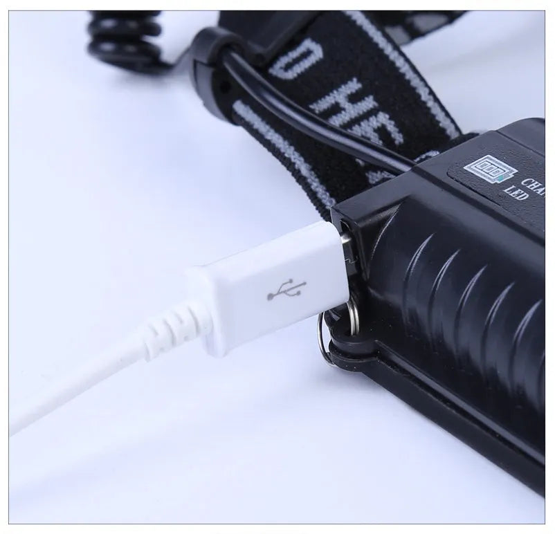 Black outdoor camping head-mounted torch with LED light for 300-500 metre range