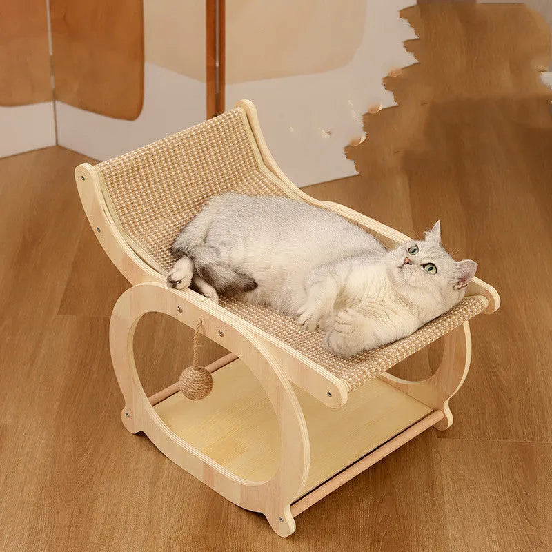 Solid wood cat scratching mat and bed in walnut colour with sisal surface.
