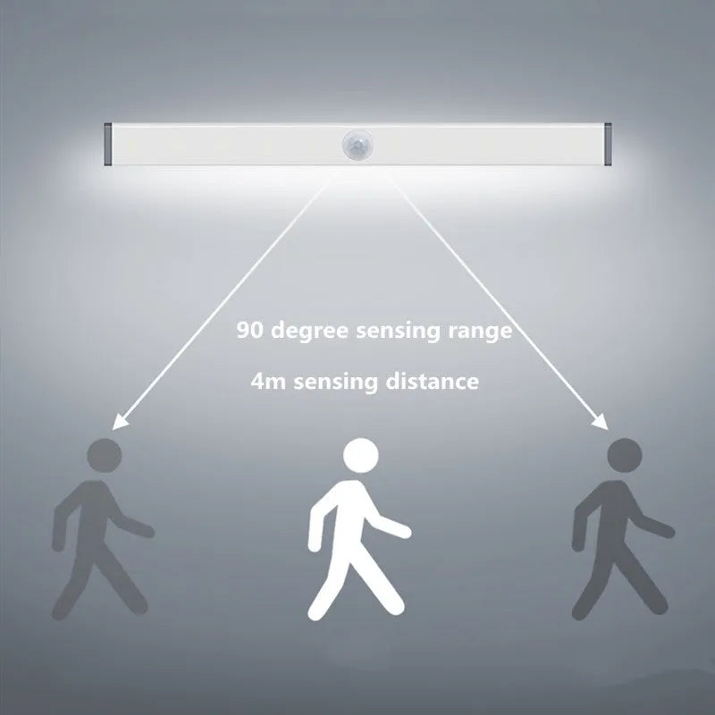 Silver aluminium LED closet light with magnetic back, shown illuminating a wardrobe interior.