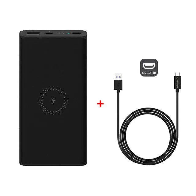 Black and white 10000mAh capacity power bank with USB and Type-C ports for fast and wireless charging