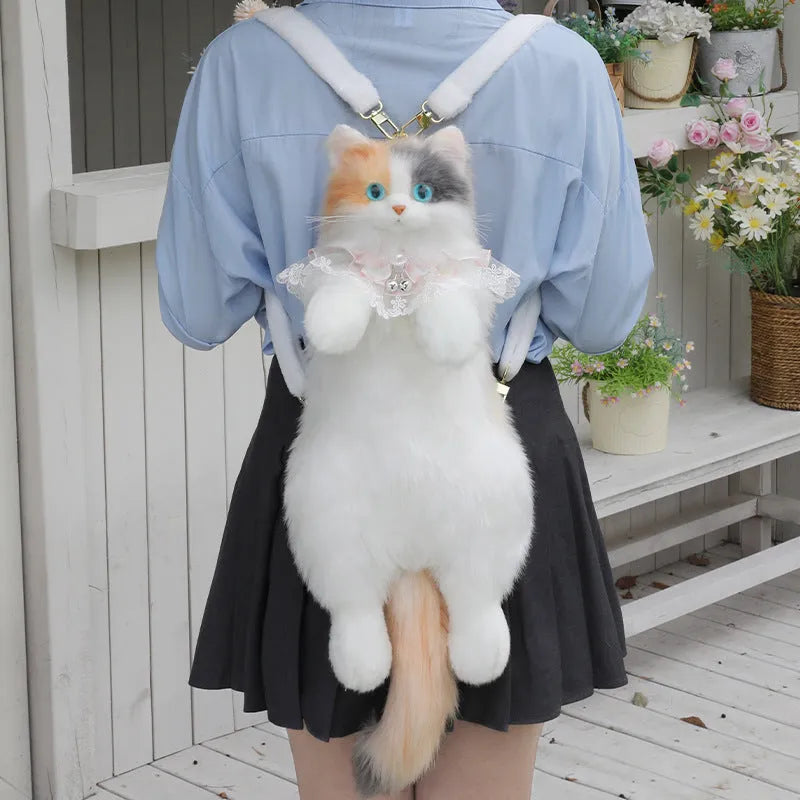 Simulation cat backpack in three-flower cat colour with plaid scarf design for youth