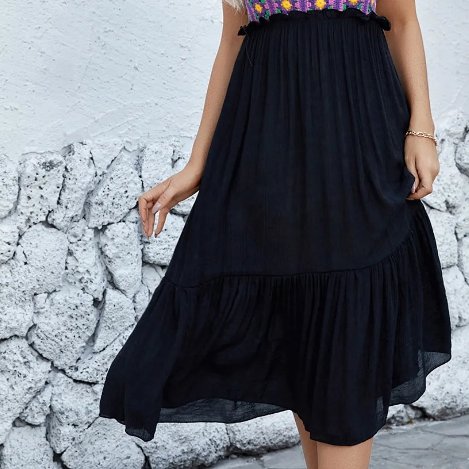 Purple sleeveless dress with hand-hooked flower stitching pattern, cotton blend fabric