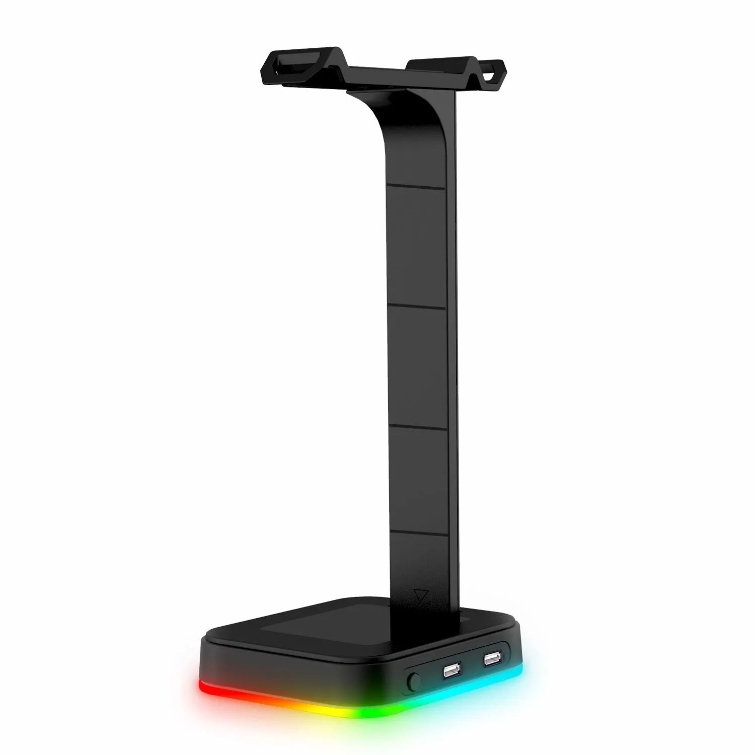 RGB headphone bracket with dual USB ports and customisable lighting on desk with headphones