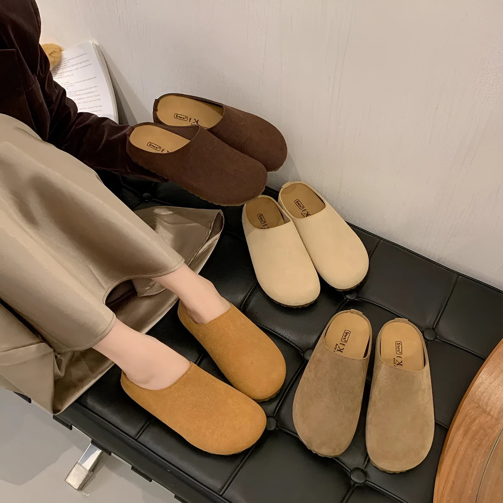 Ugly Soft Flat Korean style slip-on slippers in apricot colour showing square toe and flat design.