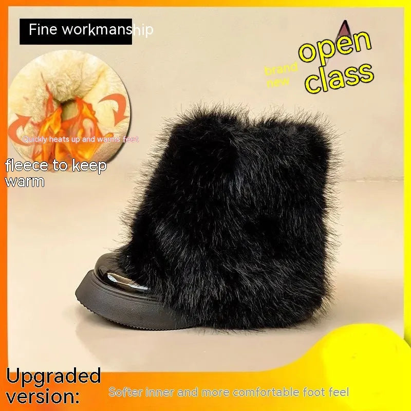 Women's black snow boots with fleece lining and waterproof platform, low-top winter footwear